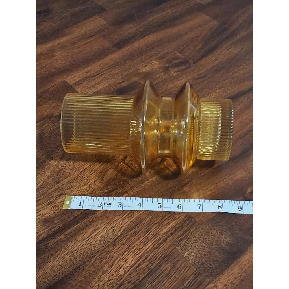Amber Ribbed Glass Vase Mid Century Modern UFO Geometric Fluted Bud Vase 8 Inch
